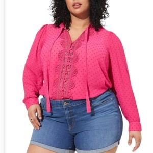 Torrid Chiffon Clip Dot Ruffle Neck Tie Front Top W/ Lace Details